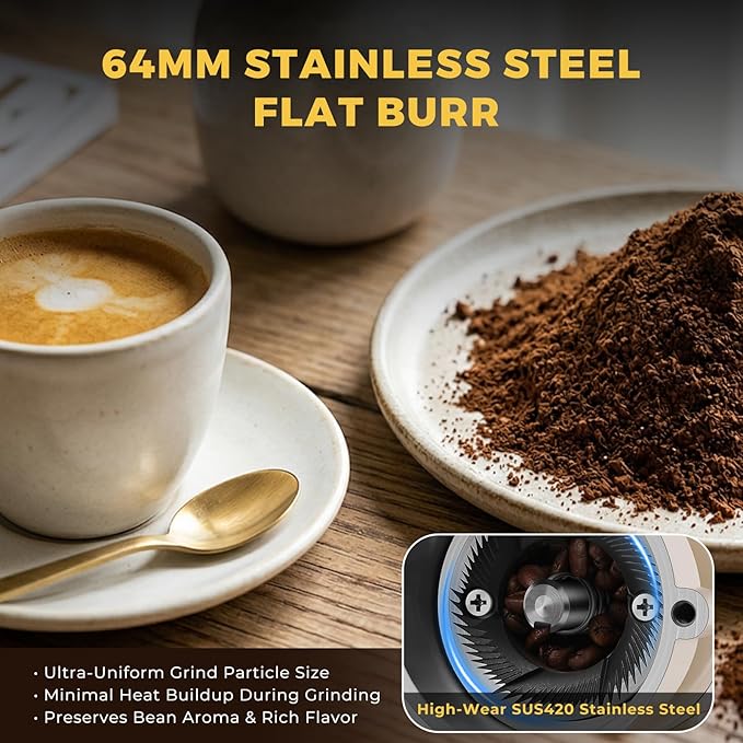 Electric Burr Coffee Grinders for Home Use, 8 Adjustable Settings Stainless Steel Flat Burr, Quiet Low Static Design for Espresso Pour Over French Press, Cream Style White