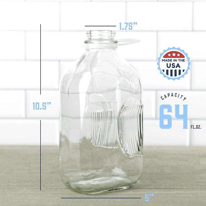kitchentoolz 64 oz Glass Milk Bottles with Pour Spouts and Tamper-Proof Caps – Half Gallon Containers – 2 Pack – Made in USA