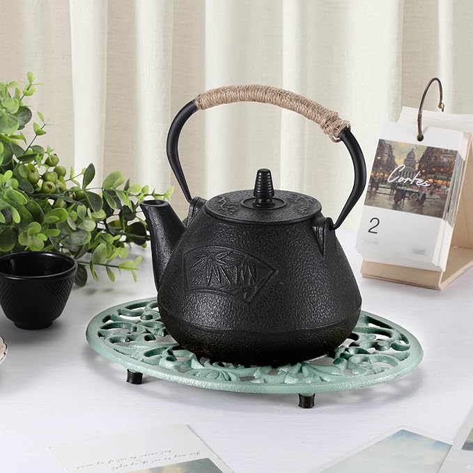2 Pack Cast Iron Trivets, Green Oval Trivet 9.6"x7.3", Heat Resistant Metal Trivets for Hot Dishes Pots Pans Plates Teapot, Heavy Duty Cast Iron Pot Holder for Kitchen Countertops Dining Table