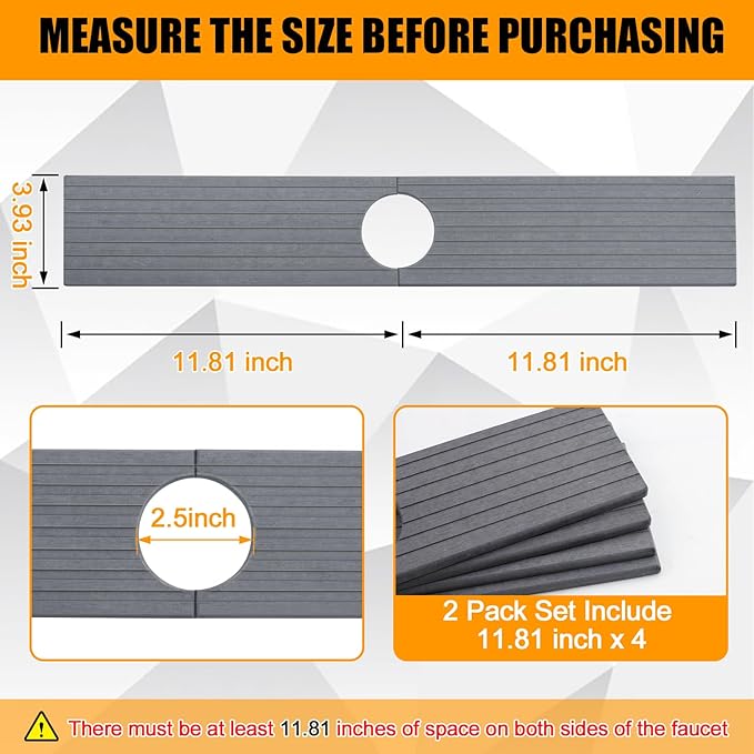 2 Pack Faucet Mat for Kitchen Sink, Diatomaceous Stone Mat, 23.6x4 Inch, Dark Grey, Quick Drying Splash Guard & Drip Catcher for Faucet Bathroom Counter