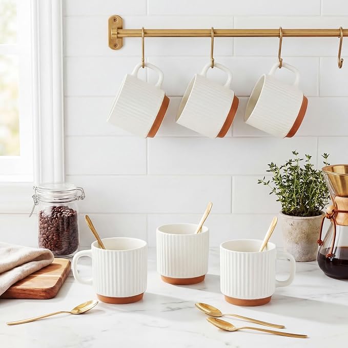 6 Set Ceramic Coffee Mugs with Gold Spoons, 8.8 oz Textured Ribbed Coffee Cups for Latte & Cappuccino, Modern Farmhouse Tea Mugs with Handle, Dishwasher & Microwave Safe(White)