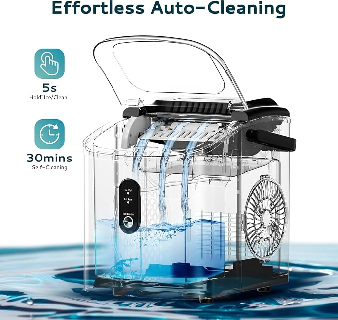 EUHOMY Ice Maker Countertop, Portable Ice Machine with Carry Handle, 26.5lbs Per Day, 9 Cubes in 6 Mins, Auto-Cleaning, with Basket and Scoop, for Home, Kitchen, Camping, RV