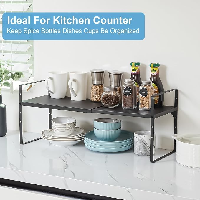 Set of 2 Expandable Cabinet Shelf Organizer, Stackable Kitchen Countertop Shelves Spice Racks, Small Metal Storage Shelf For Cupboard Counter Tabletop, 30 LBS Heavy Duty, Adjustable, 13.8" to 21.6"