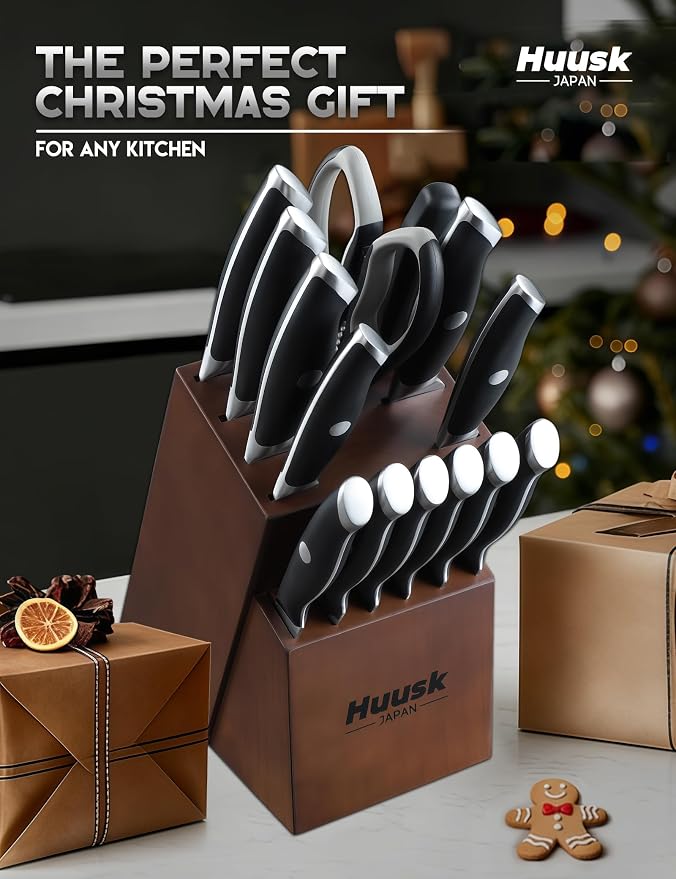 Huusk Knife Block Set - 14 Pieces Full Tang Japanese Kitchen Knives with Long-Lasting Edge & Natural Acacia Wood Block Ergonomic Knife Set as Elegant Gift for Men Women