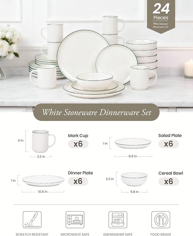 OTAGO 24-Piece Porcelain Dinnerware Set for 6 with Mugs, White Stoneware Plates and Bowls Sets, Ceramic Dish Set for Kitchen, Dinner & Dining, Green Rim, Microwave & Dishwasher Safe