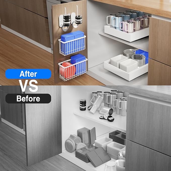 Mustorn 2 Pack Pull Out Cabinet Organizer, Expandable Depth(16.5"-21.8) Slide Out Drawer & 4 Pack Tupperware and Tumbler Lid Organizer for Cabinet, Adhesive Cabinet Door Organizer(White)