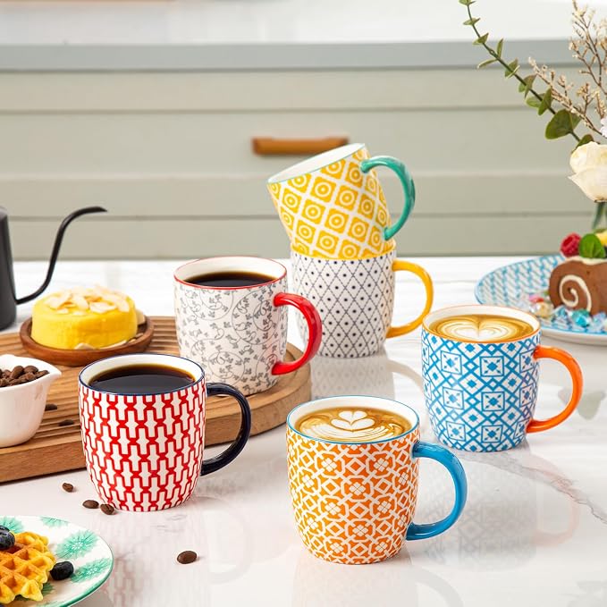 Ceramic Coffee Mugs Set - 10 Oz Large Porcelain Tea Cups with Handle for Milk Cappuccino Latte Tea Cocoa - Microwave Dishwasher Safe - Christmas Housewarming Gift -Set of 6 - Assorted Colors