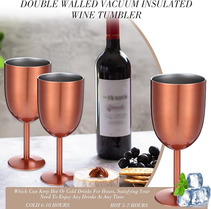 Yinder 8 Pcs Stemmed Stainless Steel Wine Glasses, 12 oz Stainless Wine Goblet with Lids Double Wall Insulated Unbreakable Goblets Insulated Stem Tumbler for Friendship Birthday Party (Rose Gold)