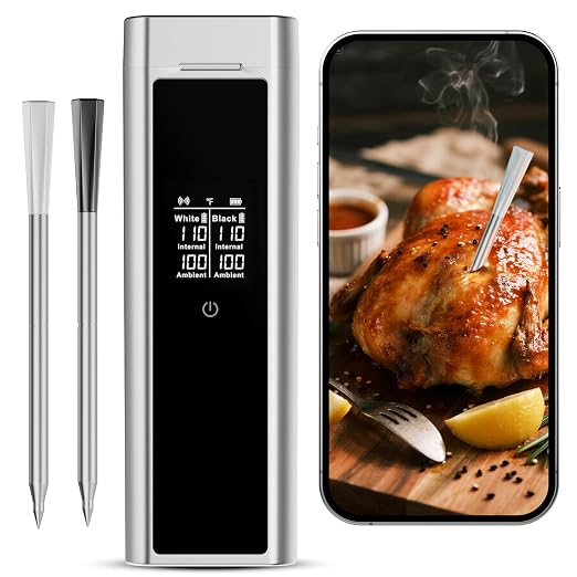 Bluetooth Meat Thermometer Wireless with Dual Probes, 650ft Long Range Smart App Controlled Food Thermometer for Grill, Smoker & Oven, Rechargeable IP67 Waterproof