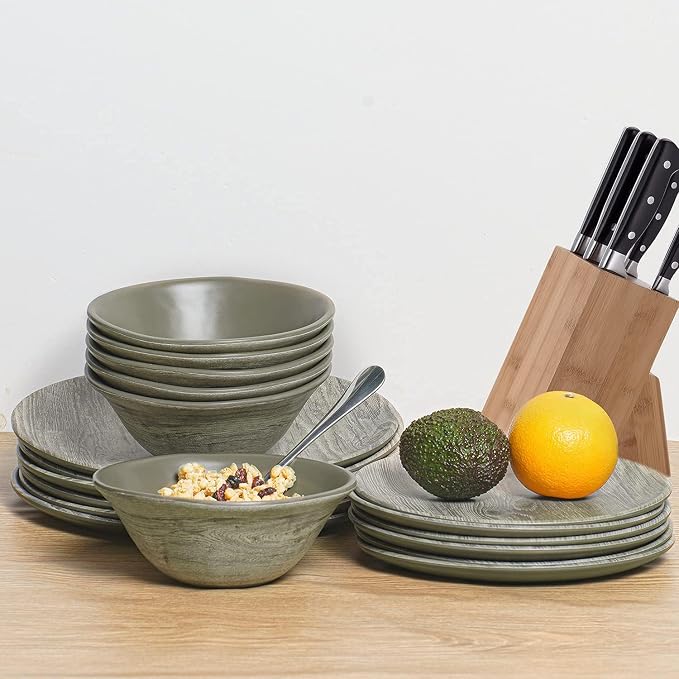 TP 18-Piece Dinnerware Set, Melamine Dishes Set with Bowls and Plates, Service for 6, Non-breakable Lightweight Dining Tableware, Grayish-brown Wood Grain