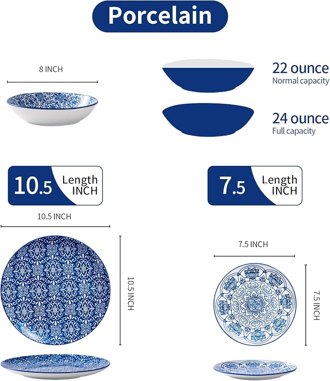 Bestone Porcelain Dinnerware Sets Service for 4, 12 pcs Hand drawn Plates and Bowls Sets, Handmade Ceramic Dish Set, Chip Resistant Modern Plate Set, Dishwasher/Microwave Safe，Vintage Blue