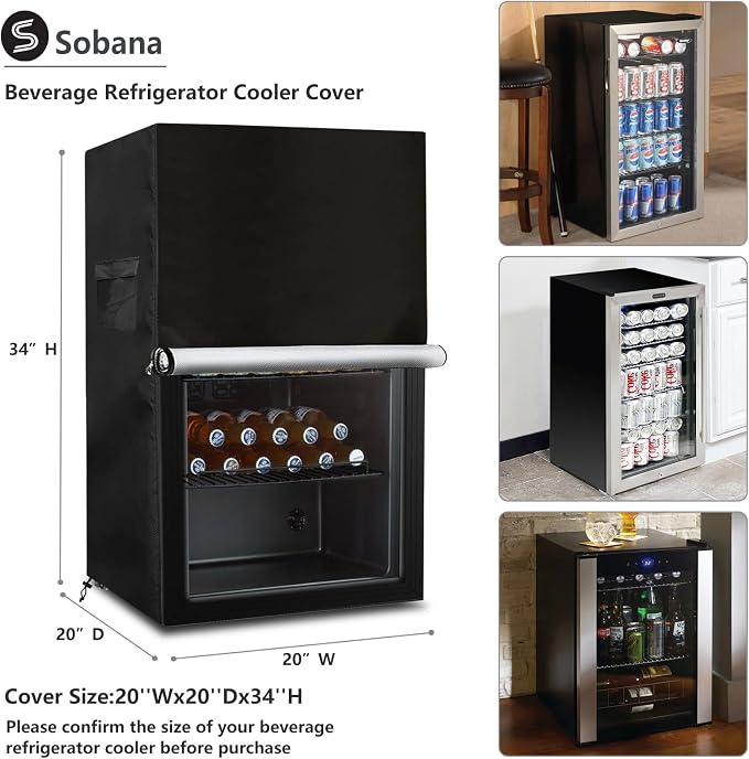 Beverage Refrigerator and Cooler Cover for most 3.2 Cu.ft Beer or Wine Mini Fridge,Waterproof Dust Proof Anti-UV Sides Zipper Can Be Opened(20" W x 20" D x 33" H,Black)