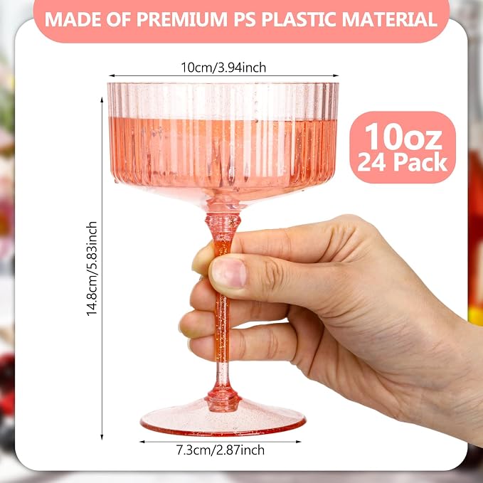Jingmore Ribbed Martini Glasses 10 oz Disposable Plastic Vintage Ribbed Coupe Glasses with Gold Rim Cocktail Unbreakable Dessert Parfait Glassware for Wedding Party Supplies(Pink,24 Pcs)