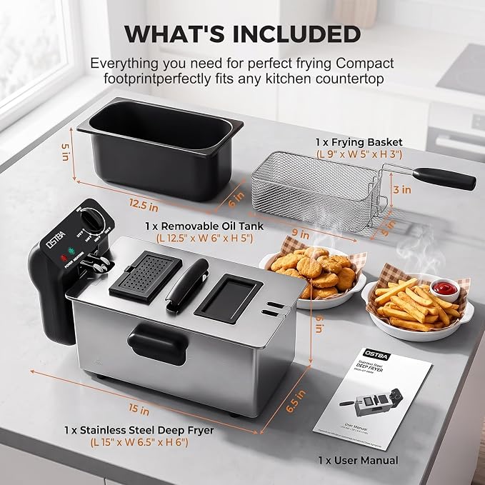 OSTBA Electric Deep Fryer with Basket, 1500W Stainless Steel Countertop Deep Fryer, 3.2QT Oil Capacity, Adjustable Temperature Control, Viewing Window, Removable Oil Container, Overheat Protection
