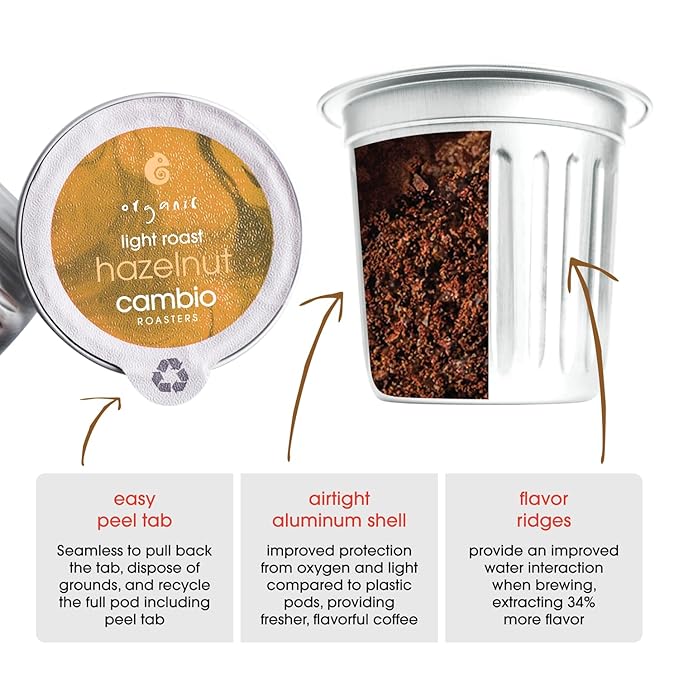 Cambio Roasters Hazelnut Light Roast Organic Coffee Pods - The Only Organic Recyclable Aluminum Coffee Pods, Small Batch Roasted, Keurig® Compatible, Nutty Flavor & Longer Lasting Freshness, 10 Count
