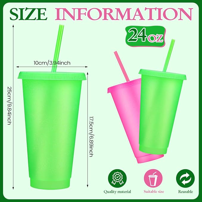 Honeydak 30 Pack Tumbler with Straw and Lid Bulk Cups for Gifts Glitter Plastic Coffee Cups 24-27 oz Reusable Water Bottle Iced Coffee Travel Mug Party Favors for Birthdays Travel (Pink and Green)