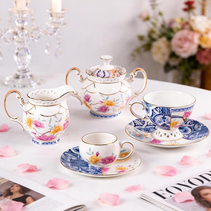 KAMMAK Tea Cups and Saucers Set of 2, Fine Bone China Coffee Cups, Stackable Espresso Mugs, Ceramic Demitasse for Coffee, Cappuccino, Latte, Americano, Tea, Blueprint of Prosperity (Medium)