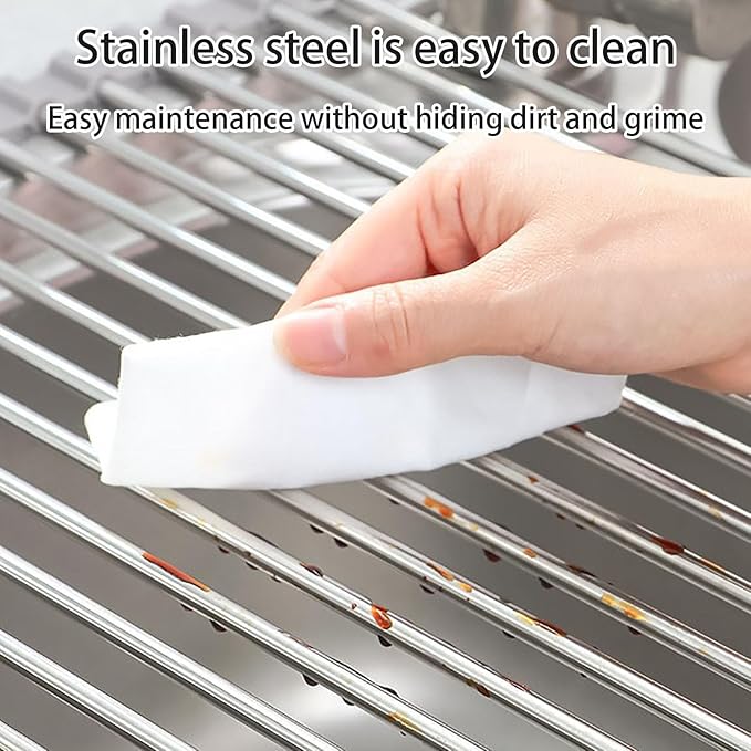 Roll-Up Dish Drying Rack Over the Kitchen Sink, Non-Slip Drain Board Strainer, Drain Board Rust-Resistant Utensil Holder(Small,18-Club)