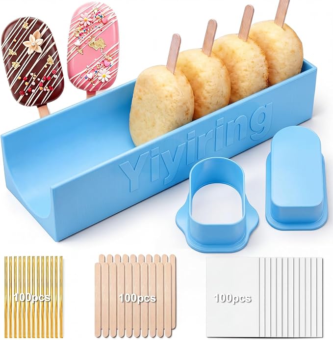 3in Cakesicle Cutter with 9in Tray, Cakesicle Mold Set with 100 Sticks, 100 Bags and 100 Ribbons, Baking Tools for Home Baking, Birthday Parties, Wedding Desserts(Blue,3.6in,Single Slot)