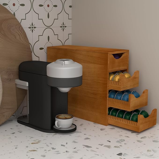 Suli Coffee Pod Holder, Coffee Capsule Storage Organizer, Save Space Coffee Pod Organizer for Countertop, Extra Large Storage Rack with Drawer, 4 Tier,104 Pods,Wood,Brown