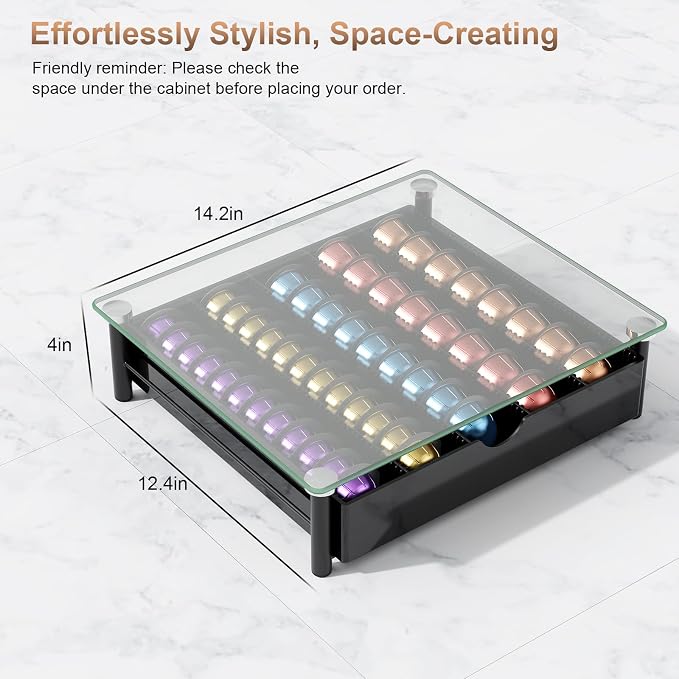 Coffee Pod Drawer Organizer with Tempered Glass Lid (Transparent Glass)