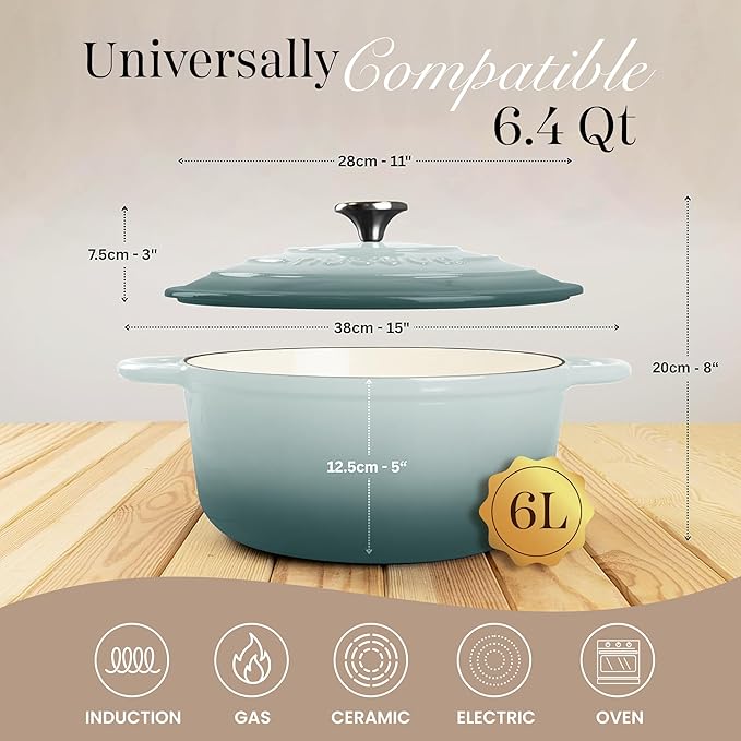 Nuovva Enamelled Cast Iron Dutch Oven Pot with Lid 6.4 Quart Non Stick Casserole Pot-Heavy Duty & Oven Safe up to 500° F for Bread Baking, Braising, Stews, Roasting - 28cm Sea Salt