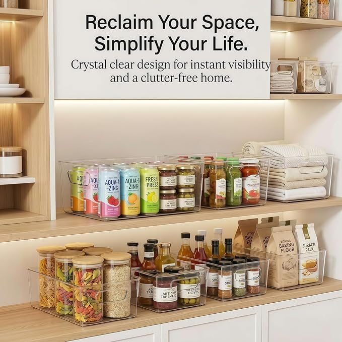 8 Pack Clear Plastic Storage Bins - Stackable Pantry Organizer Bins for Kitchen, Fridge, Cabinet - Clear Acrylic Containers for Food, Snacks and Home Organization