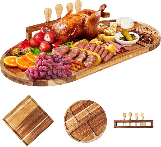 Large Magnetic Charcuterie Board Set 26x13 Inch - Acacia Wood Cheese & Serving Tray with 4 Color-Coded Cutting Mats, Juice Grooves - Modular Design for No-Mess Entertaining, Wedding Gifts