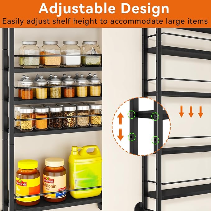 IBUYKE 6 Tier Over The Door Pantry Organizer,Wall Mounted Spice Rack,Door Hanging or Wall,Adjustable Hanging Storage Shelves,Spice Organization for Kitchen cabinet,Bathroom,Closet,Black UTLJ028B
