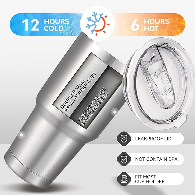 30 oz Tumbler with Lid Stainless Steel Tumblers Bulk Vacuum Insulated Cup Reusable Powder Coated Travel Mug Double Wall Leak Proof Cups Keep Cold Drinks for 12 Hours Stainless, Set of 8
