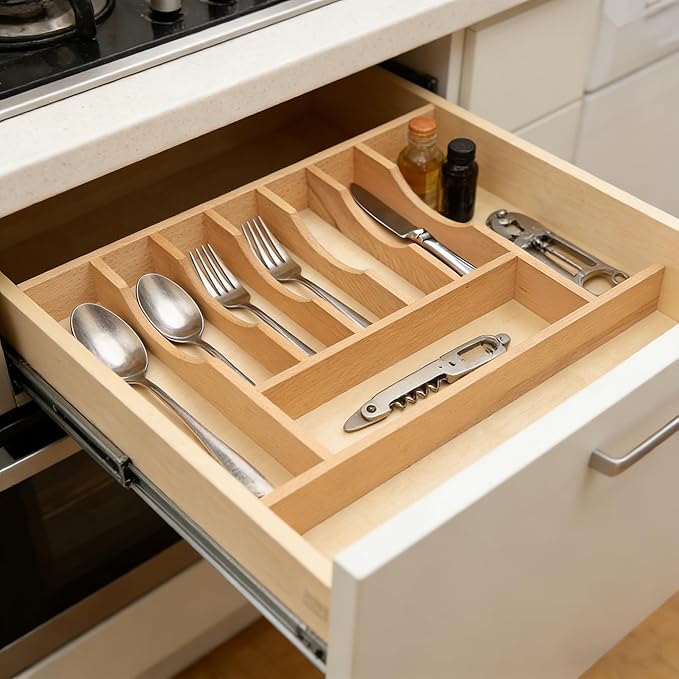Silverware Drawer Organizer - Trim-to-Fit with Adjustable Dividers for Kitchen Utensil Storage, Beech Wood Frame with 11 Sizes (10.24" W x 22" D)