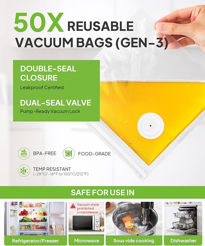 Reusable Vacuum Sealer Bags 20-Pack (Large 10x13 in) - BPA-Free Double-Seal Leakproof | Compatible with TUITUITA & Major Sealers | Freezer/Microwave/Dishwasher Safe