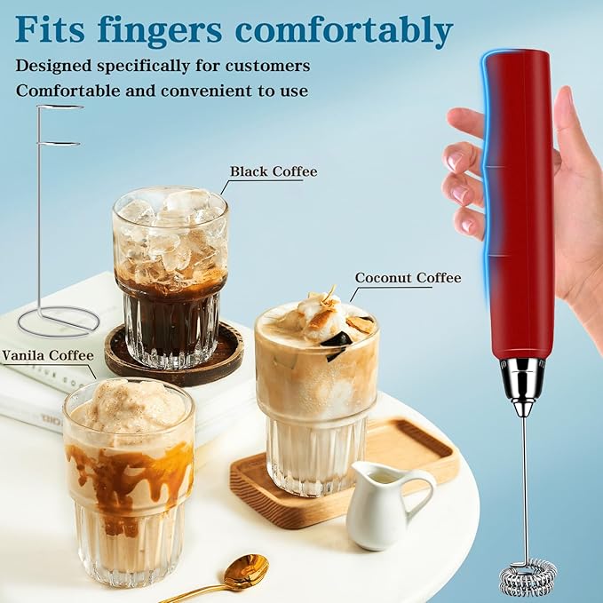 Milk Frother Handheld with Stand, Electric Whisk 3 Speed Adjustable, Drink Mixer with Stainless 3 Whisk, Rechargeable Hand Frother Wand, Foam Maker for Latte Cappuccino Hot Chocolate Egg Red