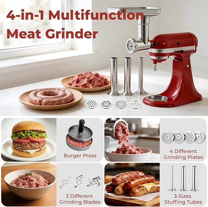 Stainless Steel Meat Grinder & Meat Tenderizer Attachments Compatible with KitchenAid Stand Mixer, 3 Adjustable Thickness - Includes 4 Grinding Plates, 3 Sausage Stuffer Tubes & Burger Press
