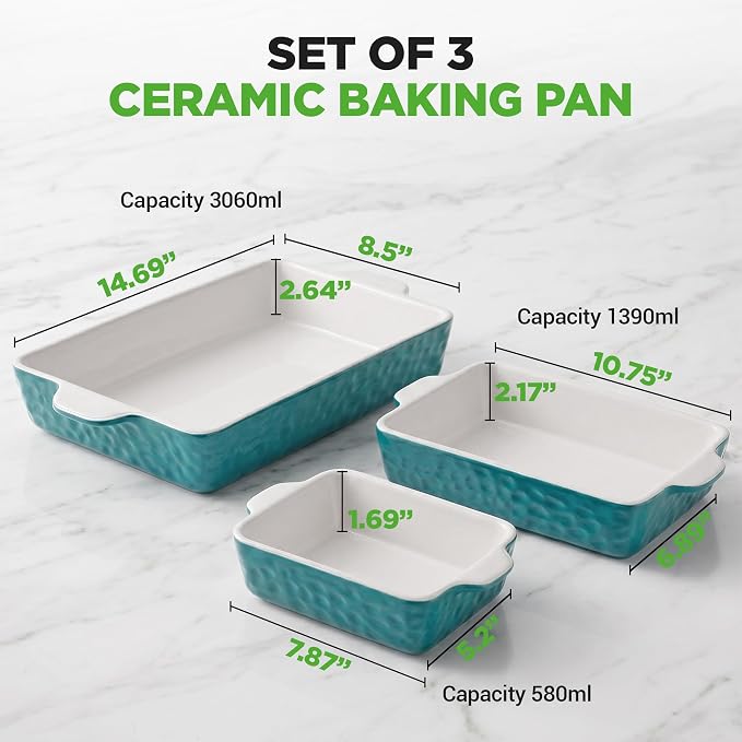 NutriChef 3-pc Casserole Dish Set for Oven, Ceramic Lasagna Baking Dishes, Deep Serving Dish with Handles - Aqua, (14.7"/ 10.8"/ 7.9")