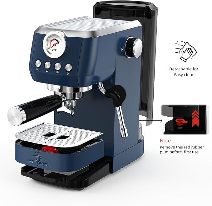 MAttinata Espresso Machine 20 Bar, Compact Espresso Maker with Milk Frother | Coffee Maker, Professional Pump, Steam for Cappuccino Latte, Barista Pressure Gauge, Small for Home, Stainless Steel, Blue