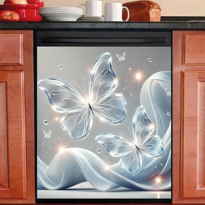 BlissYard Butterfly Dishwasher Magnet Cover 23x26 Inch Floating Crystal Butterfly Design Magnetic Dishwasher Cover Butterfly Kitchen Decor Refrigerator Magnet Sticker Appliance Cover Protector