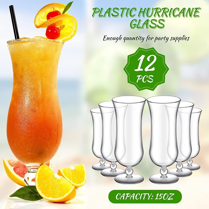 Lallisa 12 Pcs Plastic Hurricane Glasses 15 oz Shatter Resistant Clear Plastic Pina Colada Cocktail Glasses Break Resistant Drinking Tulip Milkshake Cups for Beer Juice Margarita