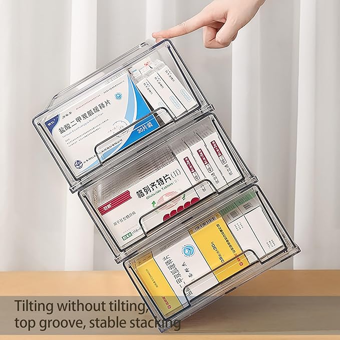2 Pack - Clear Pulling Medicine Drawer First Aid Kit Box for Bathroom, Cabinet, Closet,Medicine Organizer, Medicine Storage Box Adhesive Bandages Family Emergency Kit (L drawer)