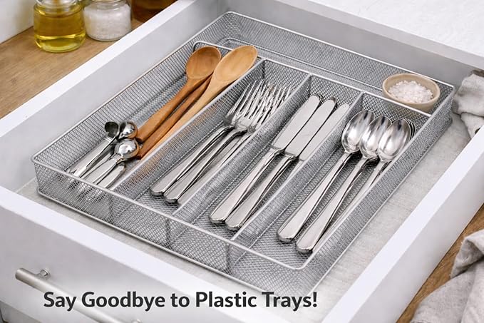 YBM Home Metal Silverware Organizer for In-Drawer Cutlery Storage, 5 Compartment Mesh Cutlery Flatware Tray Sorts Kitchen Utensils, Great for Office Supplies 1133s