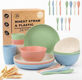 Plates and Bowls Sets for 4, Unbreakable Cups and Plates Sets 24 Piece, Wheat Straw Dinnerware Sets for Kitchen, Microwave Safe Plates Set for 4, RV and Camper Essentials - Colorful