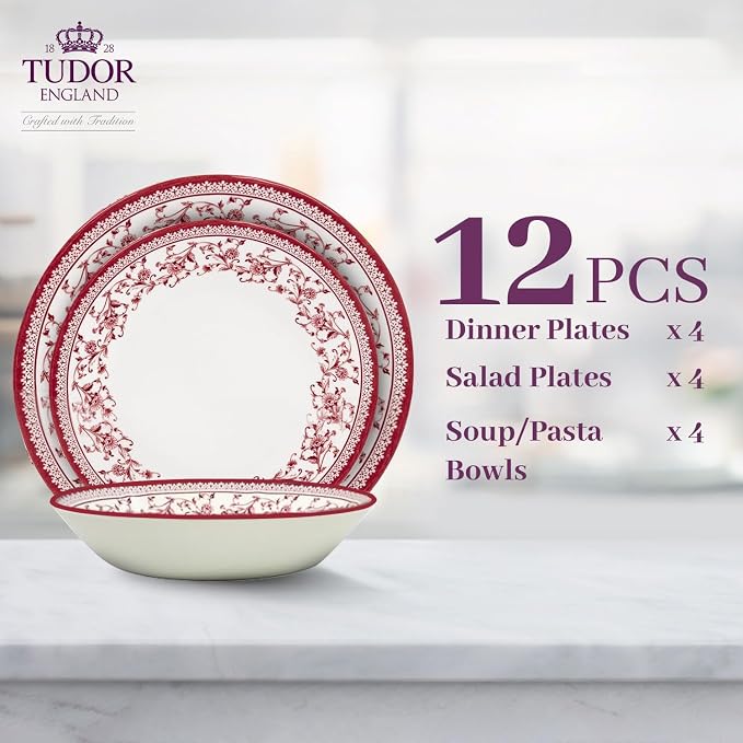 TUDOR Royal Collection 12-Piece Round Porcelain Dinnerware Set, Service for 4 with Dinner Plates, Bowls, and Salad Plates, Aster Pink Red Floral Design, High Gloss Finish, Durable & Premium Quality