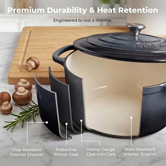 Zulay Kitchen 5 Quart Enameled Cast Iron Dutch Oven Pot with Lid – Premium Durability & Oven Safe up to 500°F – Heavy Duty Cookware Perfect for Bread Baking, Stews, Braising & Roasting – Gray