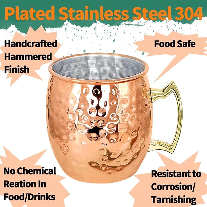 SuproBarware Moscow Mule Mugs Copper Plated 18oz Set of 8 Stainless Steel Moscow Mule Cups Perfect for Cold Drink Cocktails Home Bar with Gift