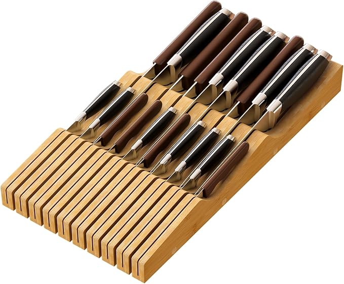 Large Drawer Knife Organizer Insert, Bamboo Wood Knife Holder, Knife Block Hold up To 19 Knives