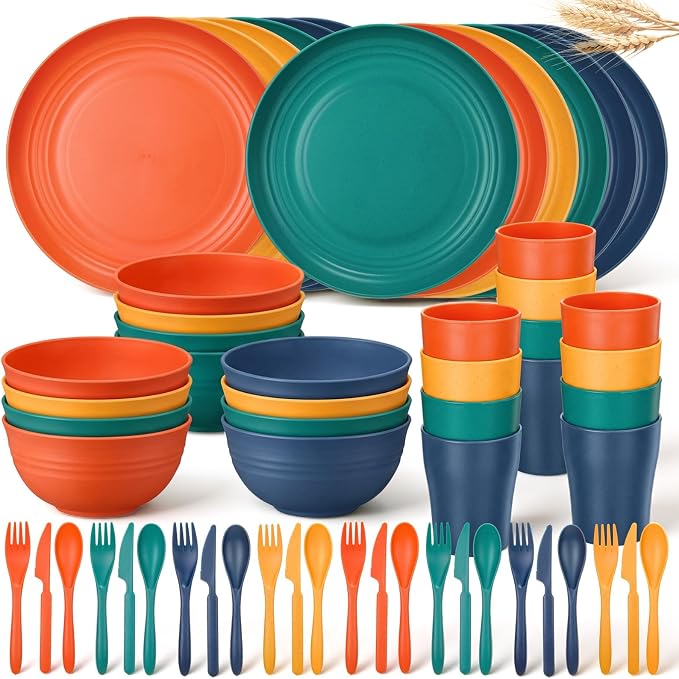 Zhehao 72 Pcs Wheat Straw Dinnerware Sets for 12 Dishwasher Microwave Safe Unbreakable Reusable Kitchen Cups, Plates, Bowls Cultery Sets for Patio, Outdoors, Rv, Camping Dishes (Multicolor)