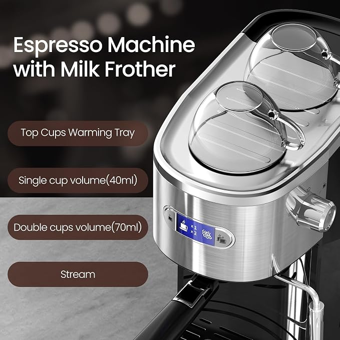 Electactic 20 Bar Espresso Machine, Professional Stainless Steel Coffee Maker with LCD Display, 45oz Removable Water Tank, Home & Office Espresso Maker for Cappuccino Latte Macchiato, Black