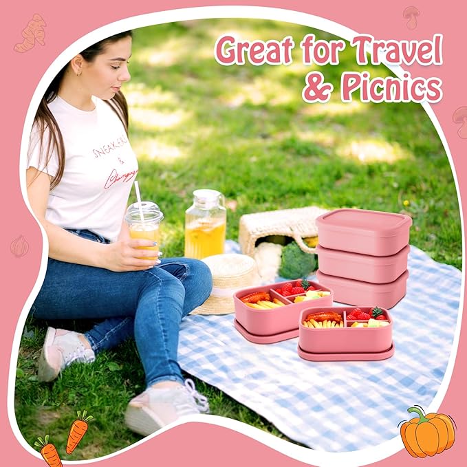Honeydak 4 Pcs Silicone Bento Box for Adults, 3 Compartment Lunchable Food Container for Women Men, Leak Proof Microwave Dishwasher Freezer Safe (Red)