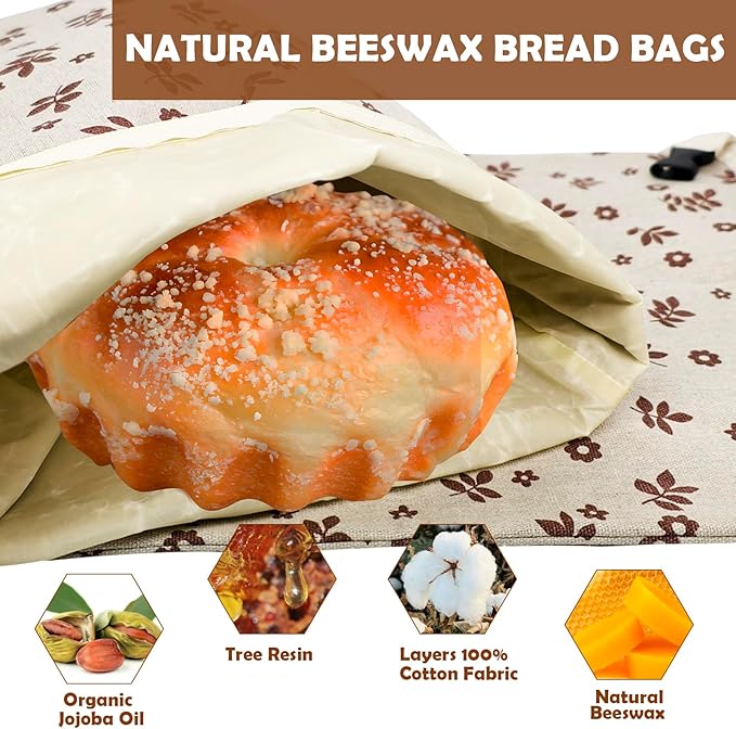 Reusable Beeswax Bread Bags(2ea), FDA Listed Plastic-Free Food Storage Bags, Zipper Closure, Flax Fabric, Moisture Proof, for Bread Toast Ciabatta (Brown Leaf)