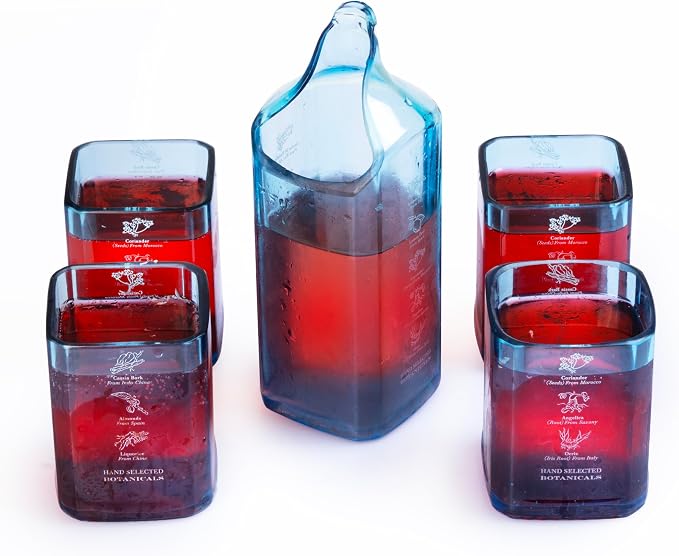 Upcycled Bombay Sapphire Gin Glasses and Pitcher Set of 5 | Eco-friendly Glasses for Drinks Handcrafted from Gin bottles | Ideal for Gin, Whiskey, Rum, Juices, Smoothies, Cocktails
